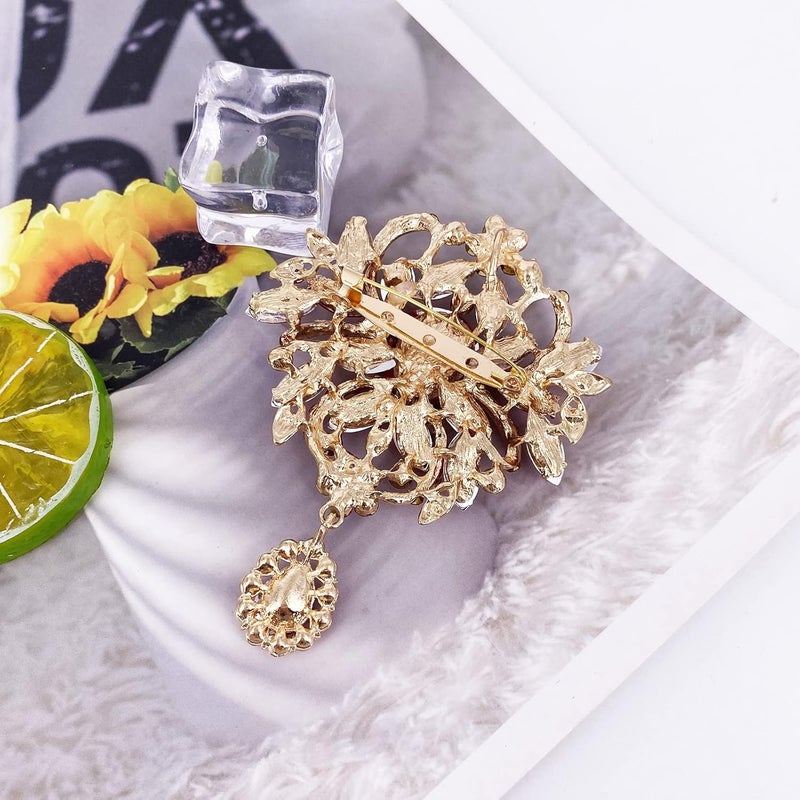 LAXPICOL Wedding Bridal Big Brown Crystal Rhinestone Bouquet Brooch Pin for Women Golden Tone - Image 4